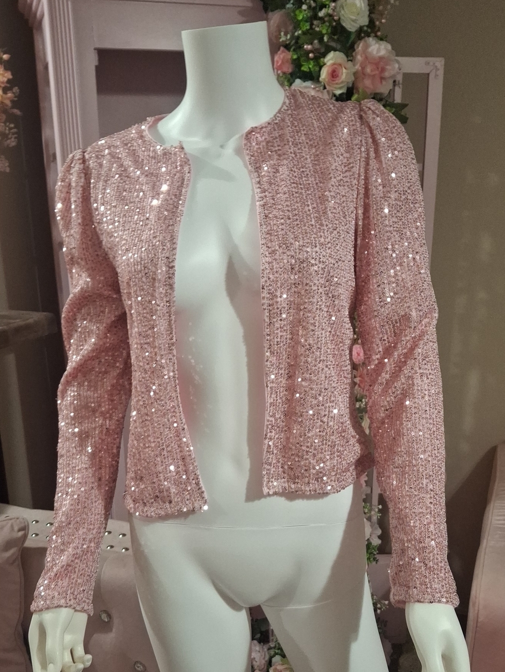 CHICME Women’s Sequin Open-Front Jacket in Blush Pink NWOT Size S
